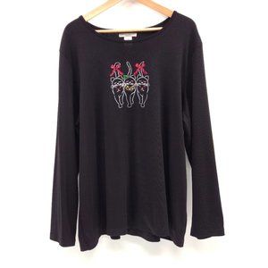 REBECCA MALONE WOMAN T Shirt 2X Black‎ Cat Graphic Art Round Neck Long Sleeve